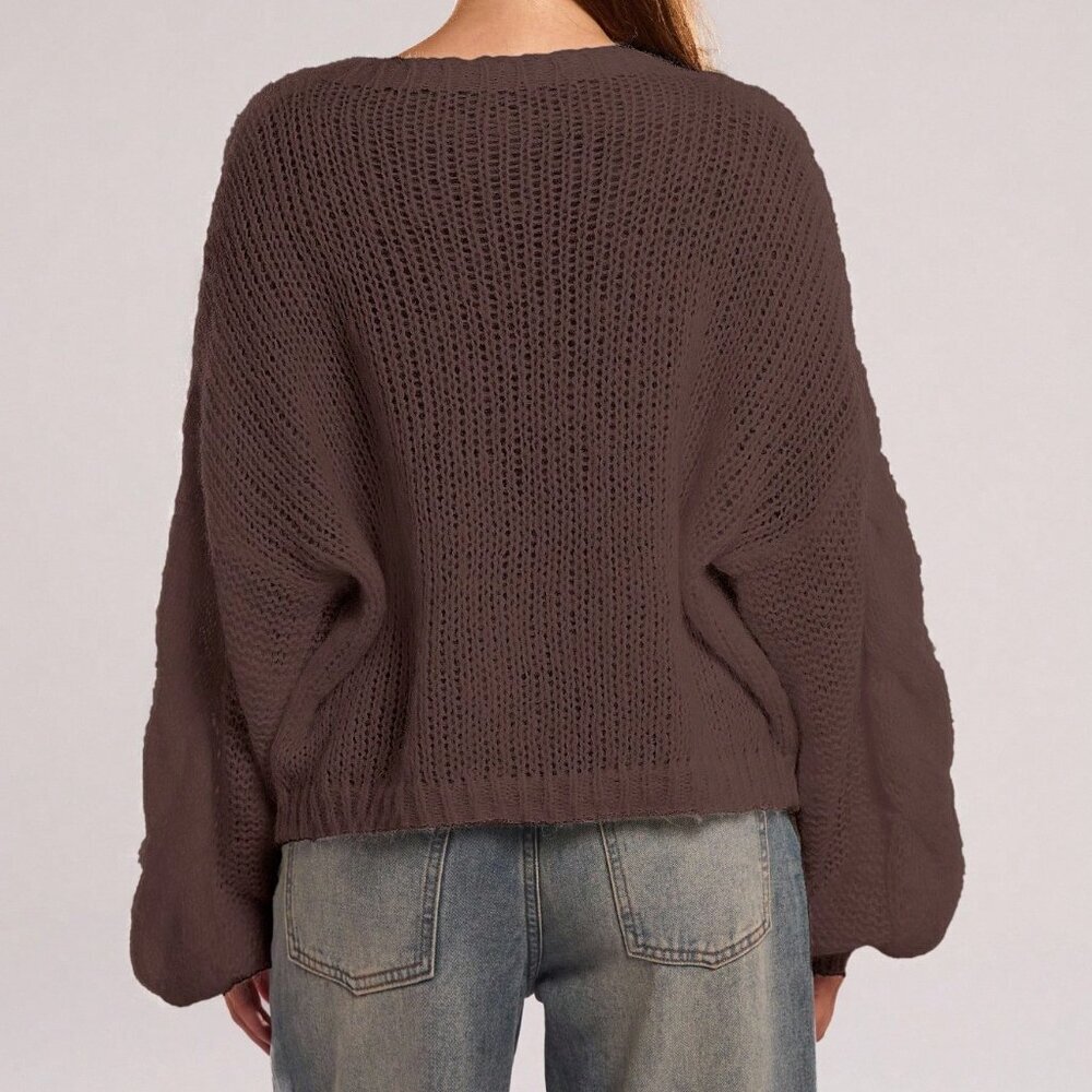 Coffee Brown Casual Women's Loose Lantern Sleeve Sweater - Picture 2 of 7